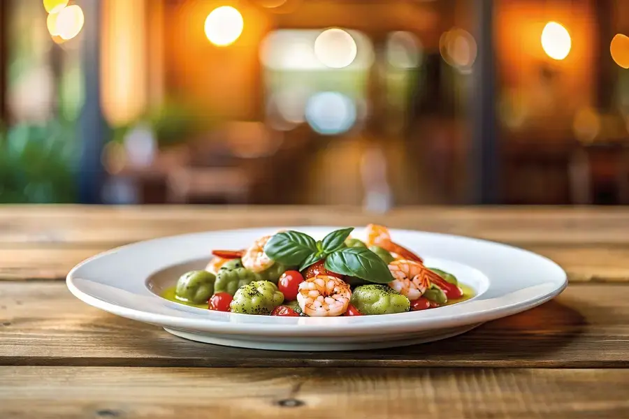 Gnocchi al basilico con mazzancolle e pomodorini